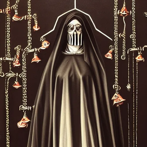 Prompt: beautiful painting of the acid witch nun surrounded by bells in the style of Welder Wings and H. R. Giger. Dark background, detailed, trending on Artstation