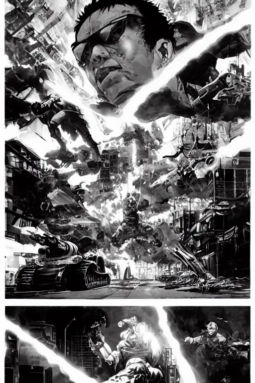 Image similar to full page illustration, tetsuo psychokinesis vs tanks in the neon-lit streets of neo tokyo, fish eye lens, Katsuhiro Otomo, Phil hale, Mike Mignola, Ashley wood, Ilya repin, frank frazetta, 8k, hd, high resolution print