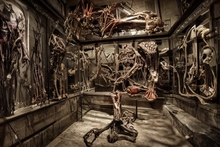 Prompt: inside a museum, a room where anatomical body parts are piece of arts by Rob Bottin at night, filth and grim, very detailed, ultra realistic photography, grainy image