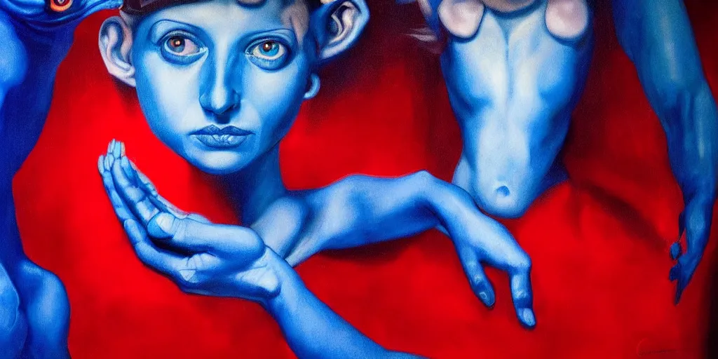 Image similar to only with blue, ney motogrosso in love with a red ocelot, too many hands in all directions, in hoc signo vinces, waterfall, in the style of leonora carrington, gottfried helnwein, intricate composition, blue light by caravaggio, insanely quality, highly detailed, masterpiece, red light, artstation