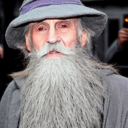 Prompt: emma watson as an old druid wizard, bushy grey eyebrows, long grey beard, disheveled, wise old man, wearing a grey wizard hat, wearing a purple detailed coat, a bushy grey beard, sorcerer, he is a mad old man, laughing and yelling