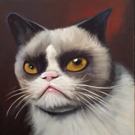 Image similar to grumpy cats emotional state is apparently the only constant in this world, deep emotional resignation of a programmer, oil on canvas 2022