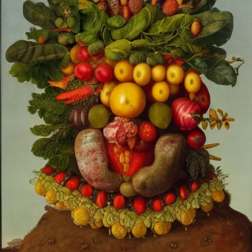 Prompt: a man made out of fruits and vegetables by giuseppe arcimboldo, oil on canvas