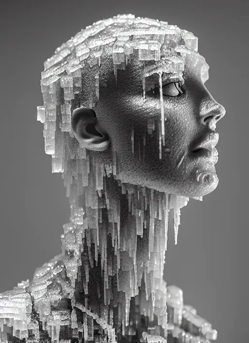 Image similar to a young female cyborg bust made of ice, dramatic, ilford hp 5, closeup - view, f / 2. 8, high contrast, 1 6 k, fluorescent lamp, contre - jour, insanely detailed and intricate, hypermaximalist, elegant, ornate, hyper realistic, super detailed