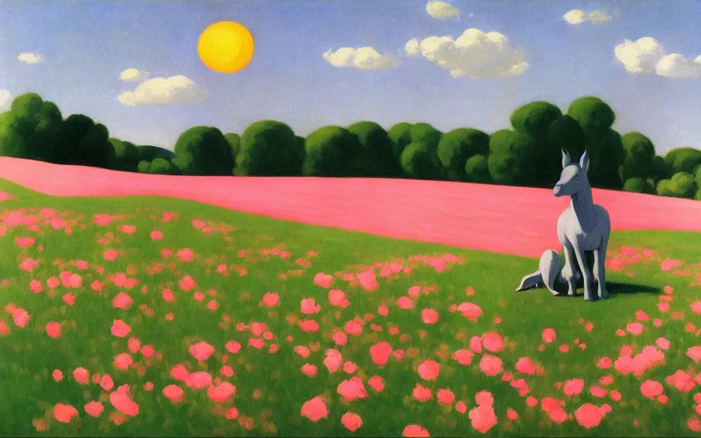 Prompt: a gray donkey on a pink flower meadow, blue sky, sun, high quality, edward hopper