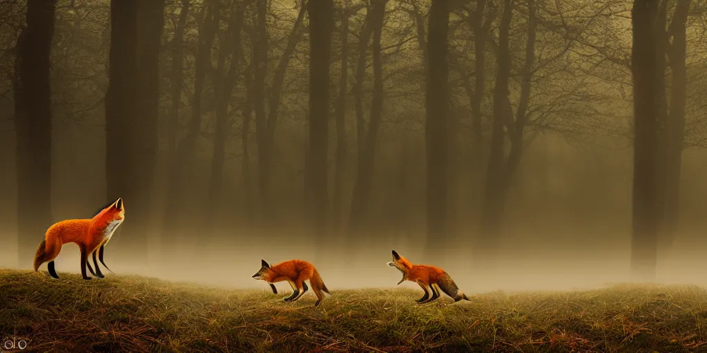 Prompt: family of foxes nearIdyllic pond, meadow, forest trail, blanket of fog, rain, volumetric lighting, beautiful, golden hour, sharp focus, ultra detailed, cgsociety