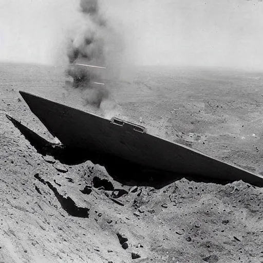 Image similar to an old ww2 photograph of a star destroyer crashing into earth