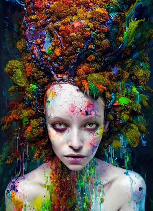 Prompt: a portrait of beautiful witch by irakli nadar with intricate detailed color smashing fluid oil paint and acrylic, moss and leaves headdress, melting wax, mycelia, abstract impressionism, ruan jia, dark fantasy, hyper detailed, concept art, by gustav klimt, by sue bryce, moody lighting, black background