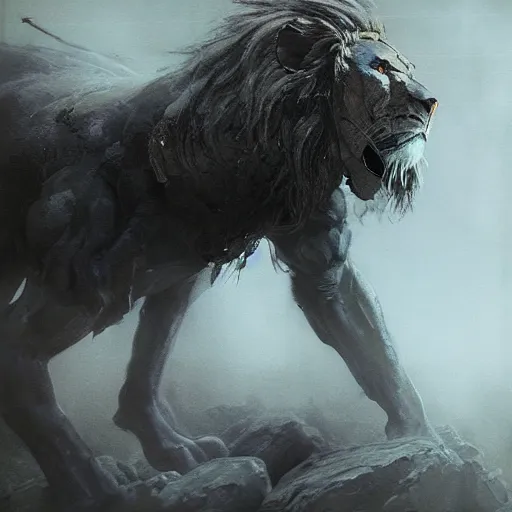 Image similar to nemean lion concept art, long shot, beksinski, wayne barlowe, adrian smith concept art, ruan jia, weta workshop the hobbit, trending on artstation, dark soul concept art, elden ring concept art, demon soul concept art, the witcher concept art