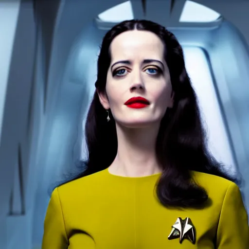 Image similar to a full body photograph of 3 0 year old eva green as a star fleet officer from star trek next generation, extreme realism and detail, 8 k, completely framed, direct lighting, 3 5 mm photo, photorealistic, sharp focus