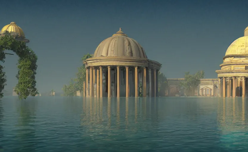 Prompt: neoclassical building with dome in the middle lake. Fantasy and concept art, colorful digital painting, unreal engine.