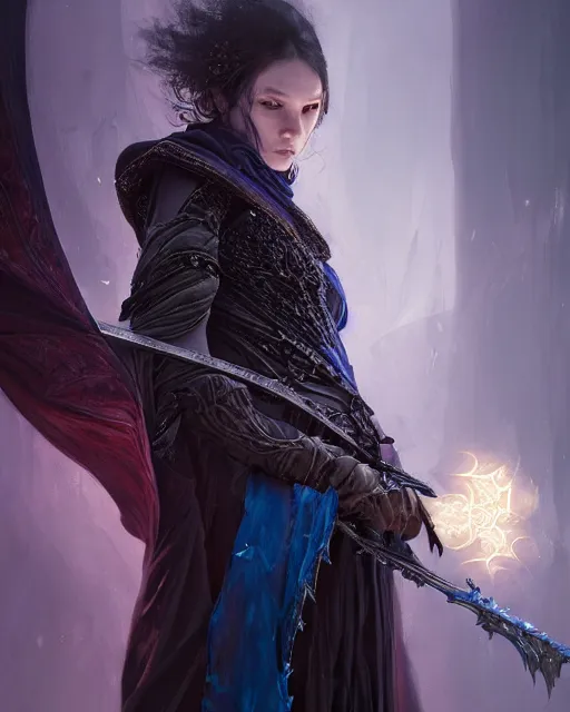 Prompt: portrait of a fierce fantasy female assassin, highly detailed, detailed gothic cloak, blue flame, fractal silk, huge fractal crystal scythe, beautifully lit, digital painting, smooth, character design, sharp focus, rugged, post processing, trending on artstation, by WLOP, ruan jia, Tom Bagshaw, Alexi zaitsev