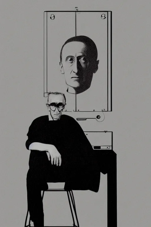 Image similar to a minimalist portrait of Marcel Duchamp connected to an ancient machine in the style of Annie Leibovitz, Irving Penn, Hito Steyerl, Shinya Tsukamoto, Saâdane Afif, Vermeer, David Shrigley, Pieter Hugo line drawing and 35mm film, wide angle, monochrome, futuristic tetsuo