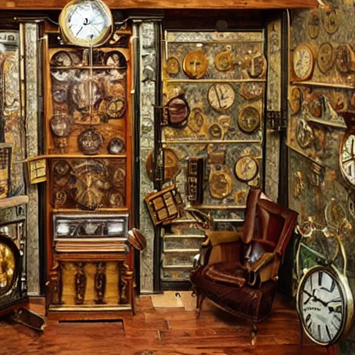 Image similar to a hyper realistic room made entirely out of antique clocks