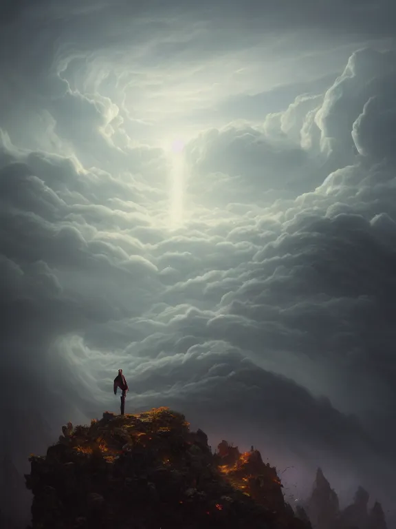 Image similar to photo of 8k ultra realistic lone man on hill surrounded by swirling clouds and lighting, dark, menacing, full of colour, cinematic lighting, battered, trending on artstation, 4k, hyperrealistic, focused, extreme details,unreal engine 5, cinematic, masterpiece, art by Peter Mohrbacher