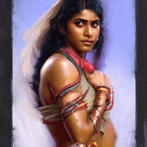 Image similar to a fit indian woman. highly detailed painting by gaston bussiere, craig mullins, j. c. leyendecker 8 k