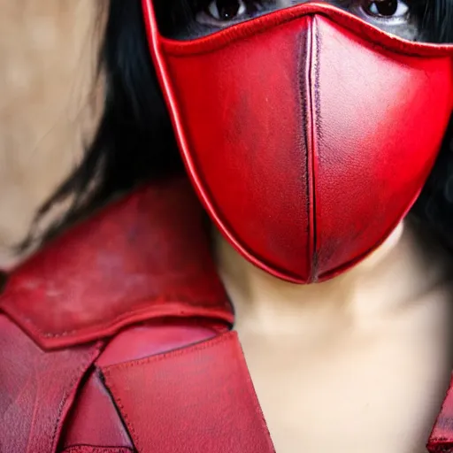 Prompt: a photo of a Red leather mask with long spikes