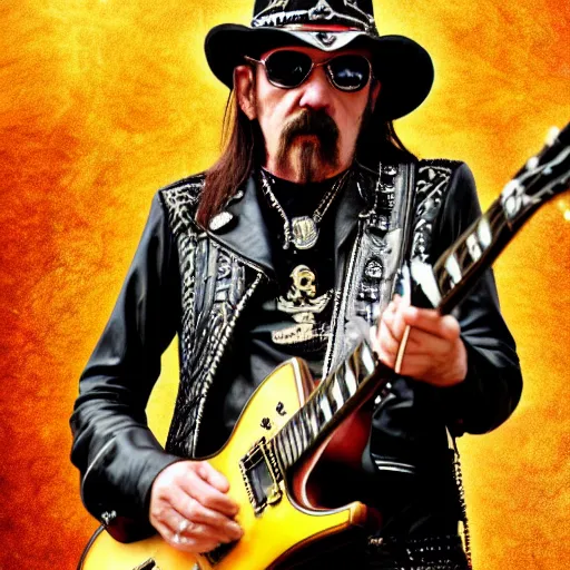 Prompt: lemmy kilmister as an angel coming down from the clouds, guitar in hand, realistic, 8k resolution, hyperdetailed, highly detailed, real life, studio lighting, high quality, dramatic shot,