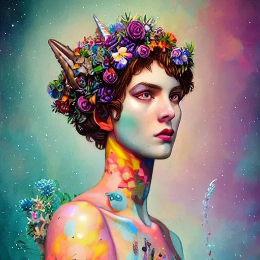 Image similar to Lofi biopunk portrait beautiful woman with short brown curly hair, roman face, unicorn, rainbow, floral, Pixar style, Tristan Eaton, Stanley Artgerm, Tom Bagshaw