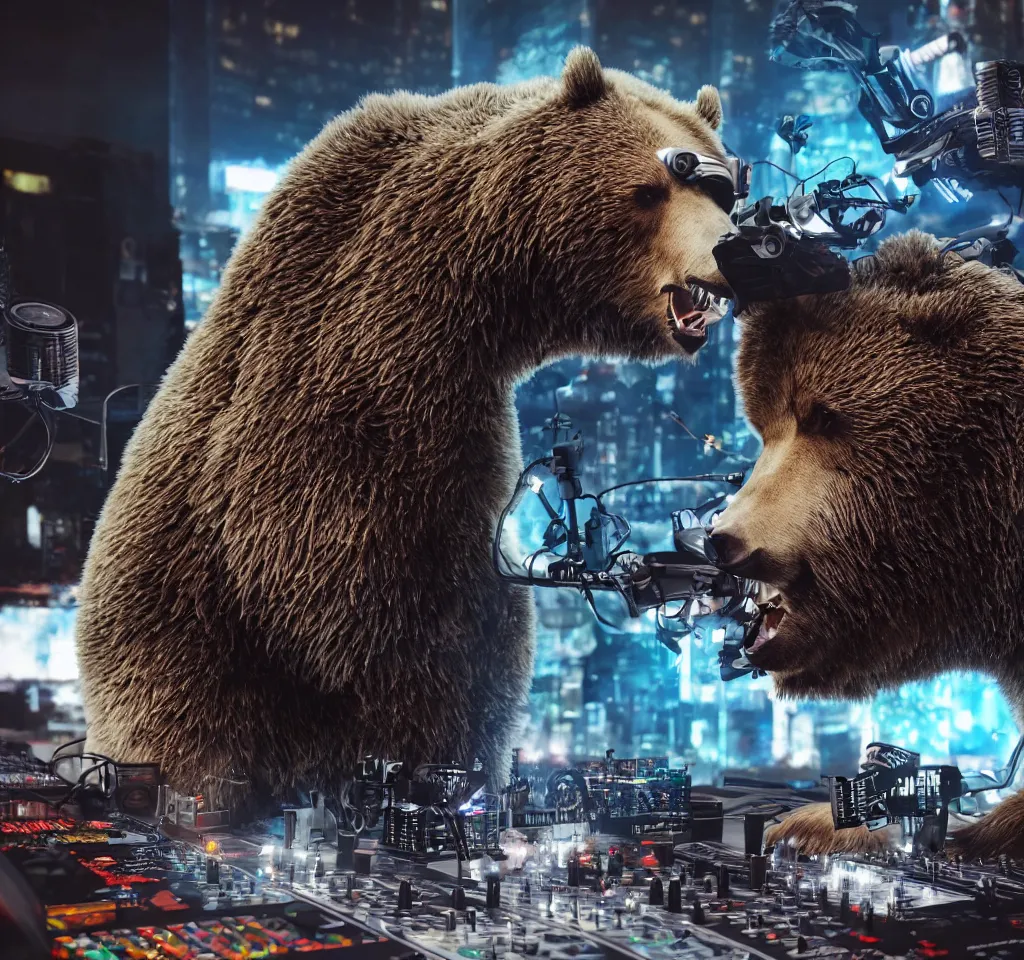 Image similar to a cyborg grizzly bear dj mixing records on stage, photorealistic, highly detailed, illustration, lifelike, highly detailed, intricate, octane render, sharp focus, cyberpunk,