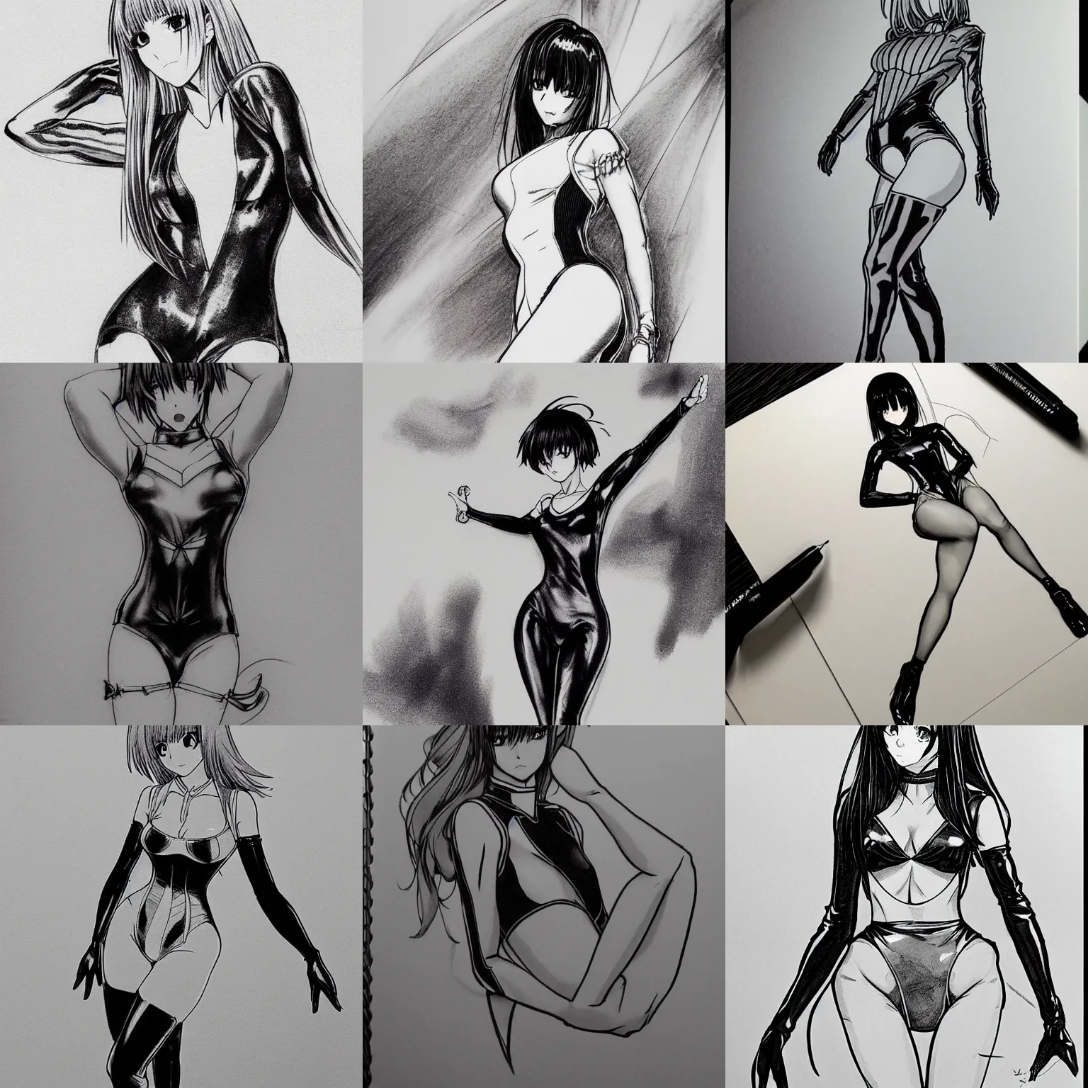 Image similar to beautiful aesthetic inspirational masterful professional ink pen liner sketch of a 1 9 9 0 s anime japanese girl posing in latex leotard, marvel style, concept art, fine details, trending on artstation, high quality paper, instagram photo