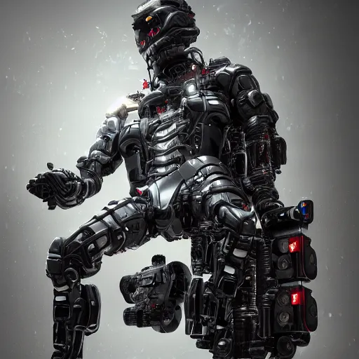 Image similar to Full lenght view contamporary art photography of ultra mega super hyper realistic warmachine by Hiromasa Ogura . Photo on Leica Q2 Camera, Rendered in VRAY and DaVinci Resolve and MAXWELL and LUMION 3D, Volumetric natural light. Wearing cyberpunk suit with many details by Hiromasa Ogura .Rendered in VRAY and DaVinci Resolve and MAXWELL and LUMION 3D, Volumetric natural light