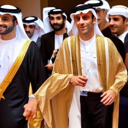 Prompt: a photo of Emmanuel Macron dressed as a Qatari prince in Dubaï