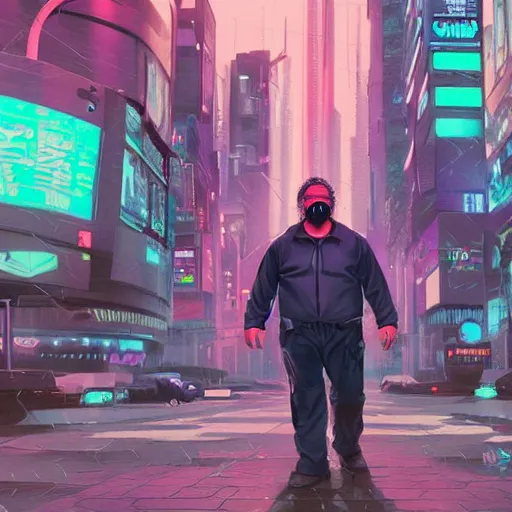 Prompt: Cyberpunk Gabe Newell standing in the street of a cyberpunk city at night in the rain, detailed