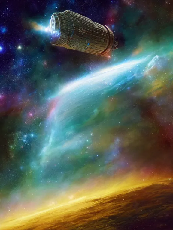 Image similar to expansion of the universe, a lone spaceship, galaxy cosmic nebula, epic, volumetric light, hyperrealistic, glitter, mega detailed, beautiful composition, beautiful lighting, unreal render, 4 k, vincent di fate, john berkey, michael whelan