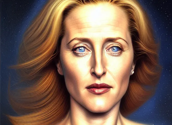 Image similar to portrait shot of young gillian anderson in x - files, intricate, elegant, highly detailed, centered, digital painting, artstation, concept art, smooth, sharp focus, illustration, artgerm, tomasz alen kopera, peter mohrbacher, donato giancola, joseph christian leyendecker, wlop, boris vallejo