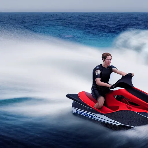 Prompt: Mark Zuckerberg riding a jetski out on the open ocean, water splashing behind him as he's speeding by, ripples in the water, hyperdetailed, artstation, cgsociety, 8k