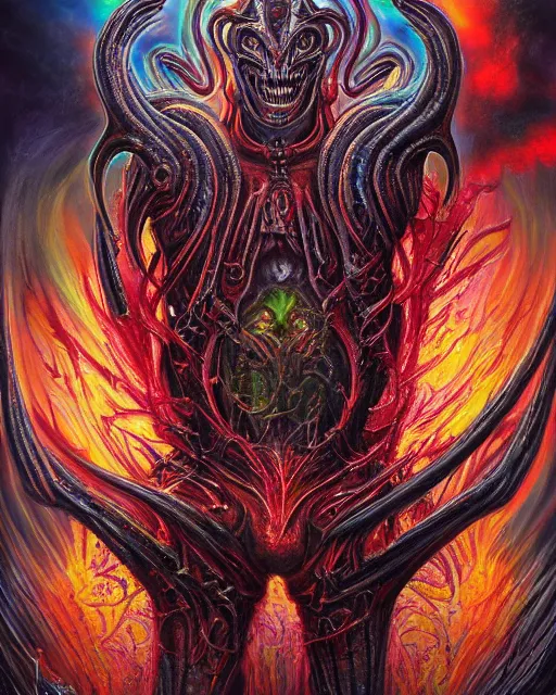 Prompt: charred bloody fleshmetal cyborg daemonhost psychedelic rainbow flamer of tzeentch, by antonio j. manzanedo, giger, alex grey, android jones, wayne barlowe, philippe druillet, raymond swanland, cyril rolando, josephine wall, harumi hironaka, cronenburg, trending on artstation