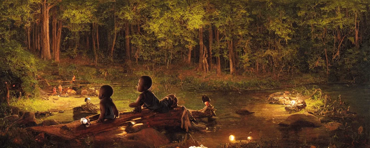 Prompt: a scenic view of a black boy sitting on a log in the middle of a magical forest with glow-worm lights near a lake, detailed, cinematic, retro oilpainting by Norman Rockwell.