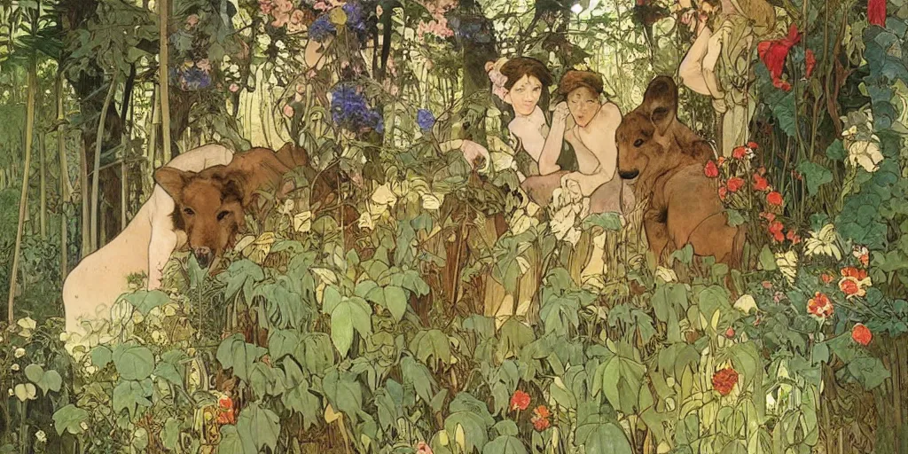 Prompt: a beautiful painting of wild animals in the woods with vines and ferns and flowers, painted by carl larsson and alphonse mucha