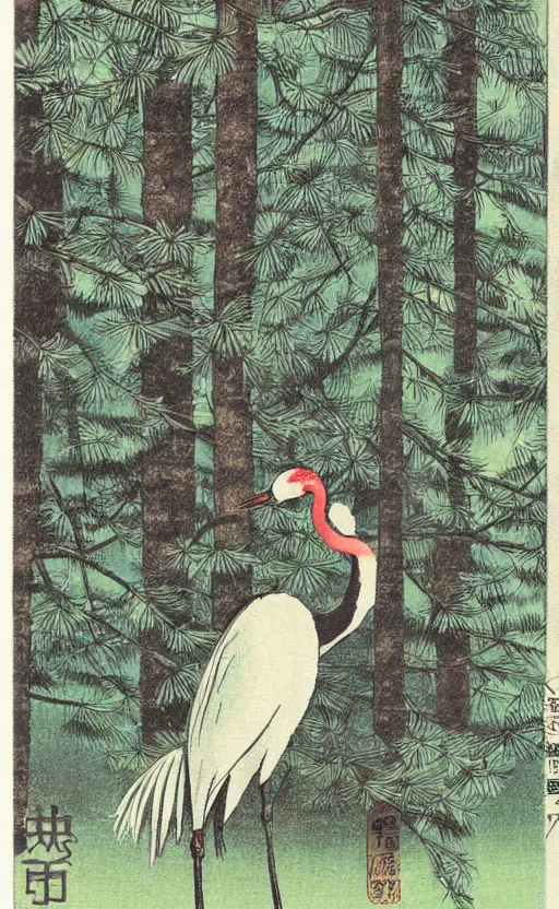 Image similar to by akio watanabe, manga art, girl next to a japanese crane bird in japanese pines, trading card front, kimono, realistic anatomy, sun in the background