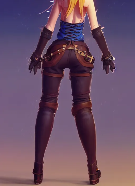 Image similar to wide angle beautiful full body portrait of a strong female anthropomorphic anthro lynx fursona from behind wearing a steampunk leather pants. paw pads instead of feet, character design by disney, anime, manga, charlie bowater, ross tran, artgerm, and makoto shinkai, detailed, soft lighting, rendered in octane