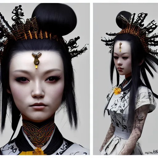 Image similar to japanese maid with extremely detailed headdress, inspired by die antwoord beautiful, hand painted textures, cloth physics, deviantart, karol bak, masamune shirow, black and white, beautiful lighting, photorealistic, concept art, perfect render, 3 d render, pixar, 8 k