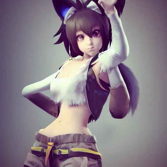Image similar to 3D render of a cute anime boy with cat ears and tail, fantasy artwork, fluffy, mid-shot, award winning, exposed tummy, hyper detailed, very very very beautiful, studio lighting, artstation, unreal engine, unreal 5, 4k, octane renderer