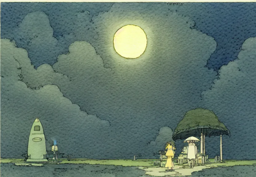 Image similar to a simple studio ghibli watercolor fantasy concept art of a dark grey boxy ufo at night. by studio ghibli, rebecca guay, michael kaluta, charles vess