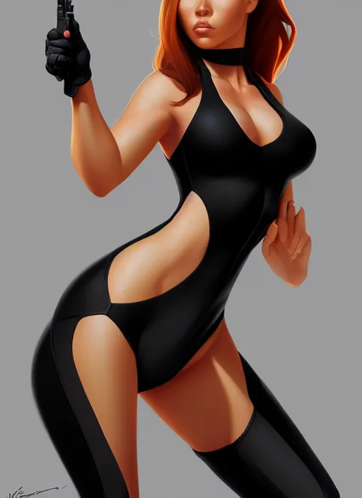 Image similar to kim possible in a black swimsuit, intricate, elegant, highly detailed, digital painting, artstation, concept art, smooth, sharp focus, illustration, art by artgerm and greg rutkowski, 8 k