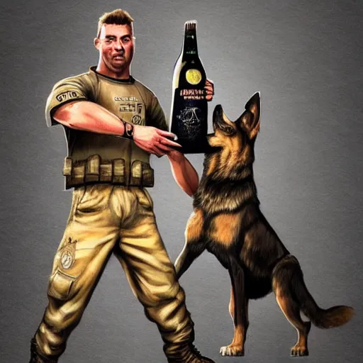 Image similar to a humanoid german shepherd beast - man in military style, holding a bottle of beer, artstation, concept art, smooth, sharp foccus ilustration, artstation