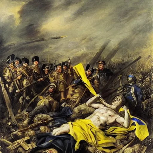 Prompt: Volodymyr Zelensky at war, dressed like Napoleon Bonaparte, sitting on the ground between dead corpses and weeping, holding a half burnt blue and yellow flag of Ukraine, in the style of Peter Paul Rubens