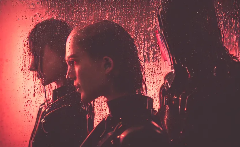 Image similar to cinestill 5 0 d candid photographic portrait by christopher nolan of two loving female androids wearing rugged black mesh techwear in treacherous waters, extreme closeup, modern cyberpunk moody emotional cinematic, pouring rain menacing red spotlight, 8 k, hd, high resolution, 3 5 mm, f / 3 2, ultra realistic faces, ex machina