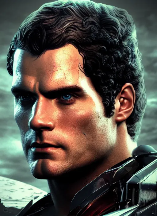 Image similar to An epic fantasy comic book style portrait painting of Henry Cavill as ‘The Cyborg’, Unreal 5, DAZ, hyperrealistic, octane render, cosplay, RPG portrait, dynamic lighting