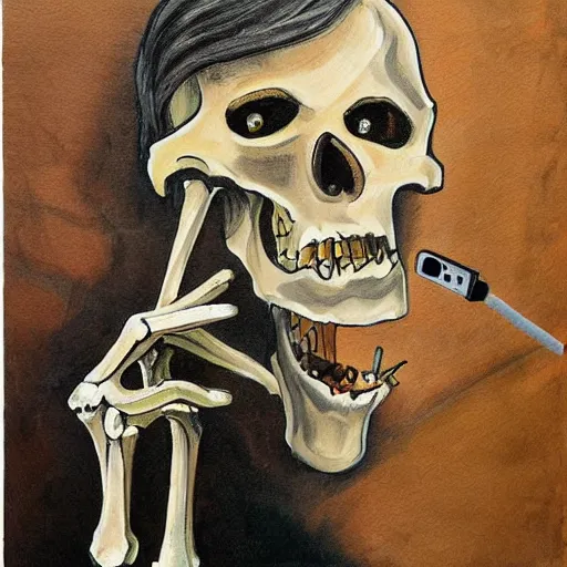 Image similar to skeleton taking a selfie, painting by mr. fish