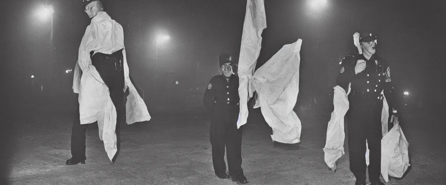 Image similar to weegee style telephoto photograph highly detailed of a a uniformed policeman circa 1 9 5 0 standing over a white body bag at night lit by street lamps and headlights.