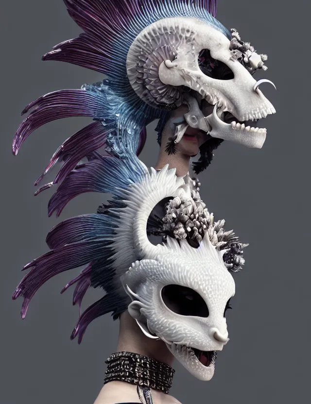 Image similar to 3 d goddess close - up profile simple portrait punk with mohawk with goat skull. beautiful intricately detailed japanese crow kitsune mask and clasical japanese kimono. betta fish, jellyfish phoenix, bio luminescent, plasma, ice, water, wind, creature, artwork by tooth wu and wlop and beeple and greg rutkowski