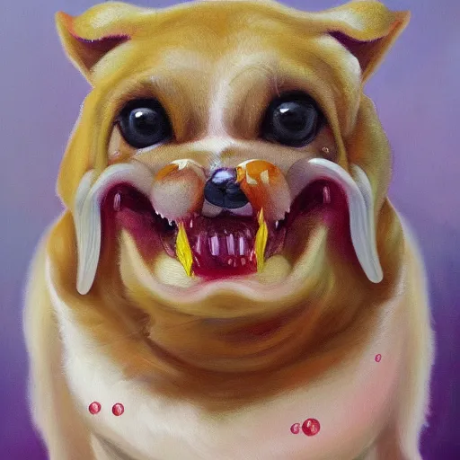 Image similar to high detail oil painting of a rabid dog, foaming with happy face bubbles, trending on artstation