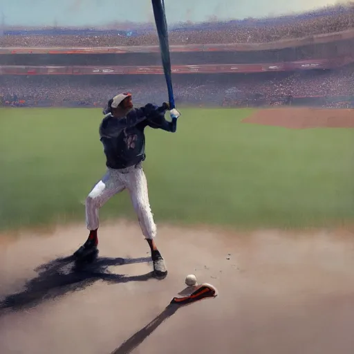 Image similar to baseball player hitting the ball with the baseball bat in the middle of the game and in front of everyone in the stadium, james gurney painting style, greg rutkowski, artstation