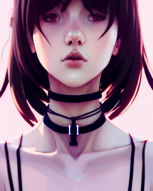 Image similar to full very close up neck shot of a beautiful skinny choir girl, in tshirt and choker, by saruei and guweiz and ilya kuvshinov, digital art, highly detailed, intricate, sharp focus, trending on artstation hq, deviantart, pinterest, unreal engine 5, 4 k uhd image